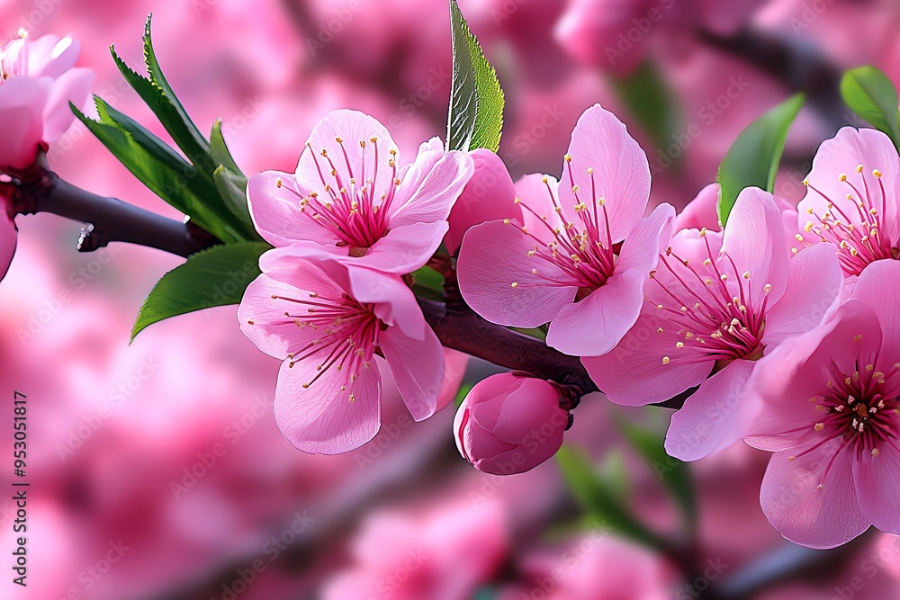 Poster peach blossom tree in full bloom with delicate pink petals, captured in a photo where the branches o