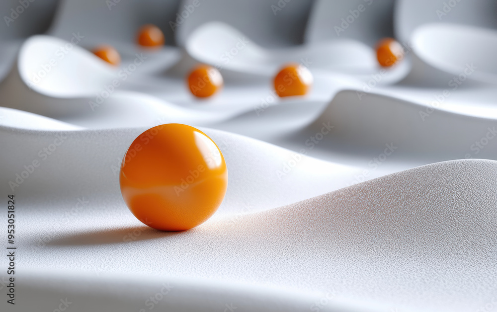 Poster vivid orange spheres rest on a smooth, undulating white surface, creating a modern and minimalist ab