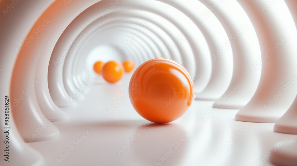 Poster abstract image of orange spheres within a tunnel of white arches, creating a dynamic and futuristic 