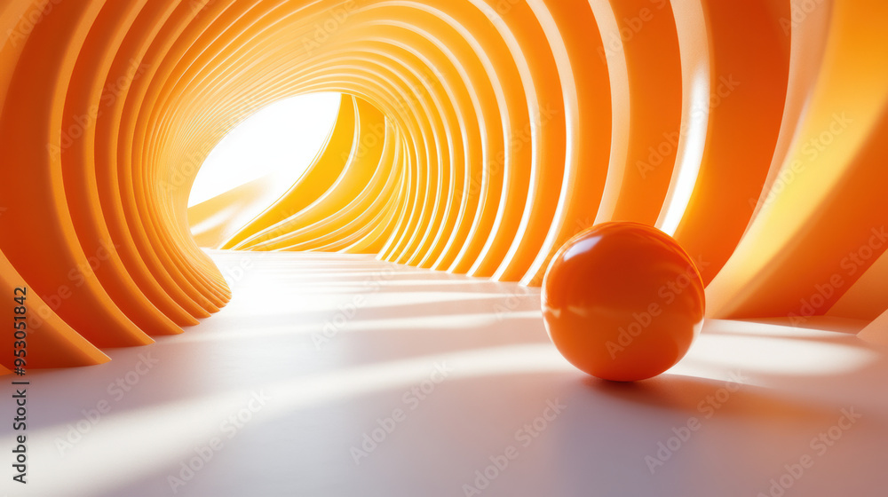 Poster abstract orange tunnel with a smooth spherical object creating dynamic light and shadow patterns. id