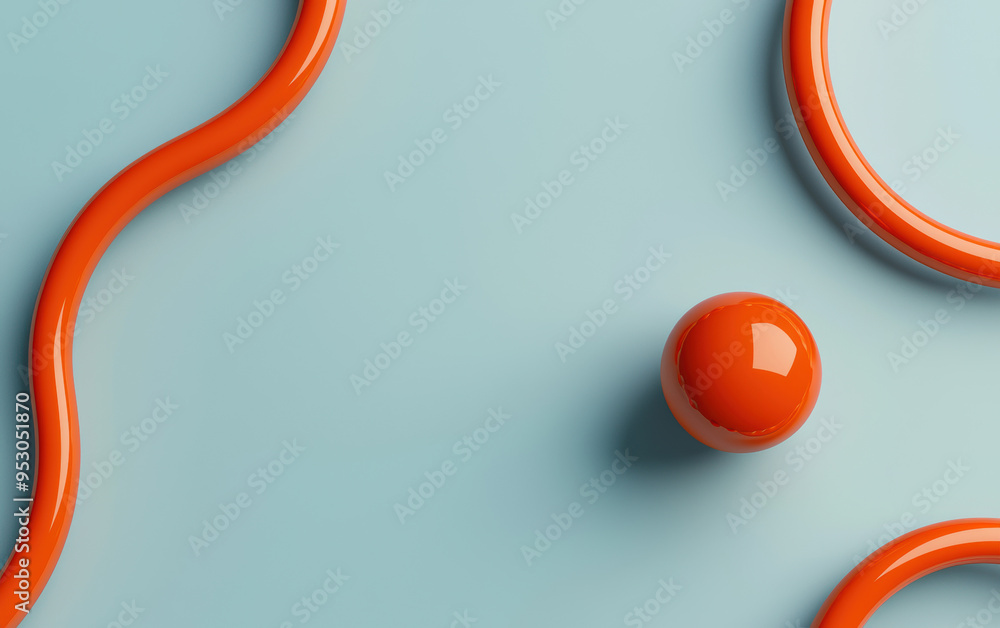 Poster abstract composition with a smooth orange sphere and wavy lines on a pastel blue background. modern 