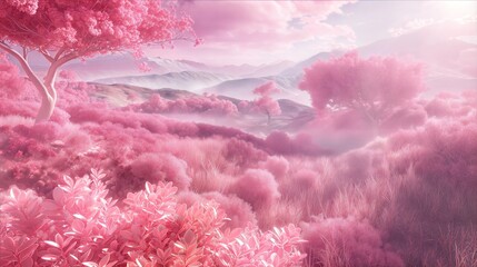 Enchanting pink landscape with lush vegetation and soft sunlight, creating a whimsical dreamscape