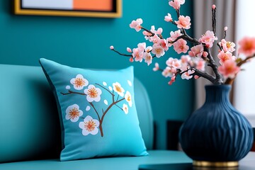 Peach blossom-themed home decor with soft colors and delicate patterns, illustrated in a scene where a living room is decorated with peach blossom-themed cushions, curtains, and wall art, creating