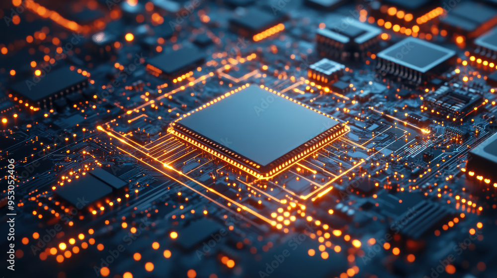 Poster close-up view of a glowing circuit board with microchips and electronic components, showcasing advan