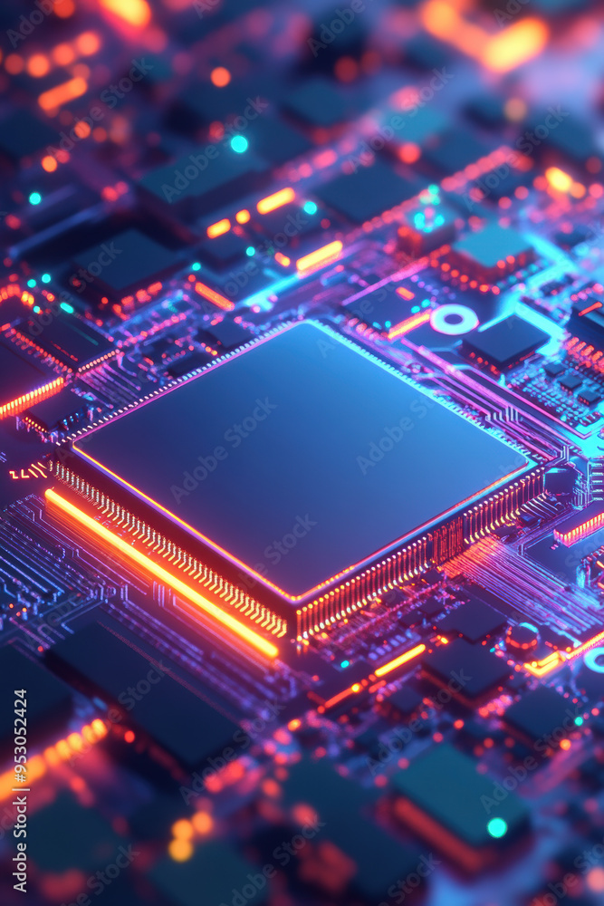 Poster close-up view of a glowing microchip on a futuristic circuit board, highlighting advanced technology