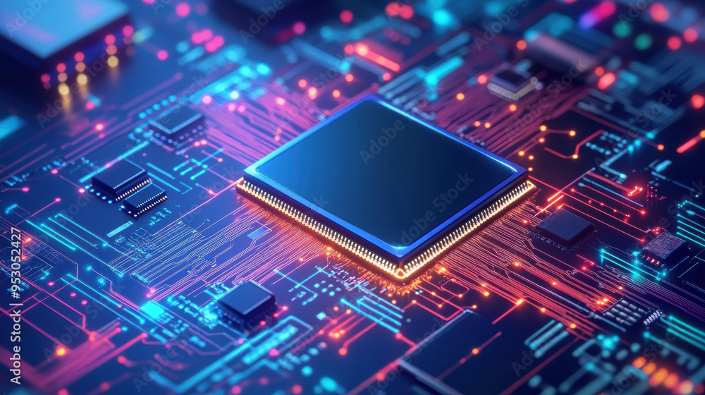 Poster close-up of a colorful, futuristic cpu microchip on a vibrant circuit board, representing advanced t