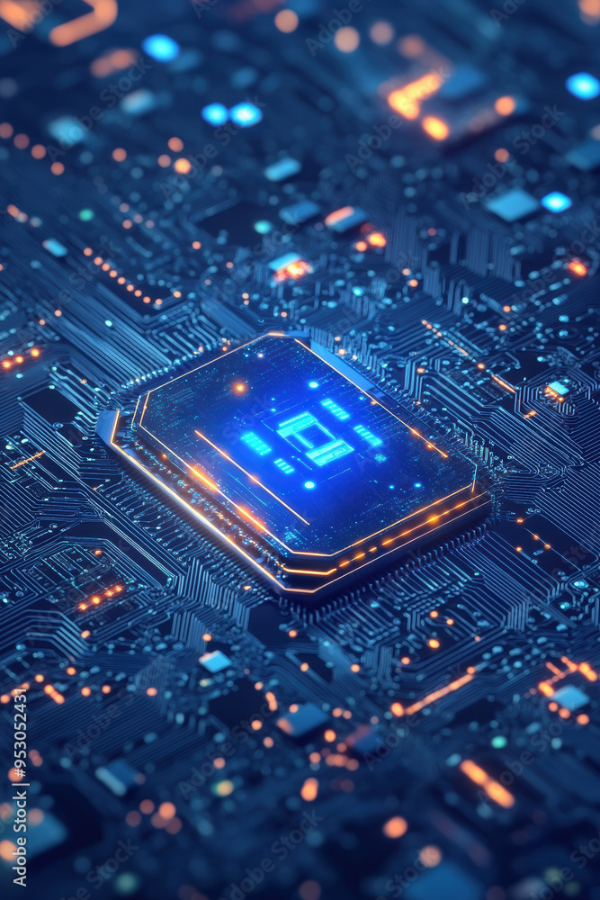 Poster a close-up of an advanced microchip integrated on a high-tech circuit board, glowing with blue and o