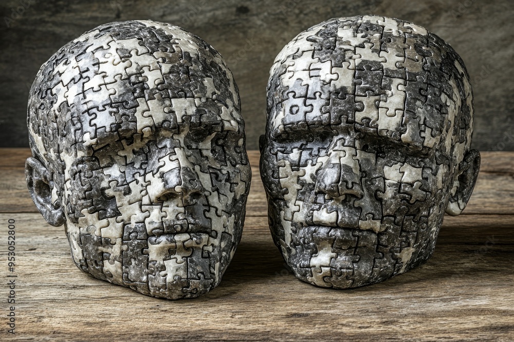 Poster aged puzzle heads representing the complexity of human memory cognitive decline and the process of a