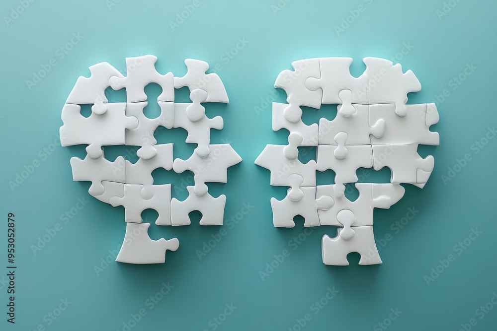 Aufkleber two white puzzle brain sculptures facing each other representing intellectual connection cognitive s