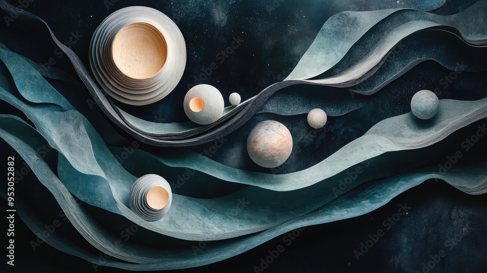 Poster abstract representation of planets and waves in a cosmic setting.
