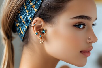 Piercing with a focus on youthful, trendy designs, illustrated in a scene where piercings feature trendy, youthful jewelry such as dainty chains, geometric shapes, and colorful gemstones, perfect