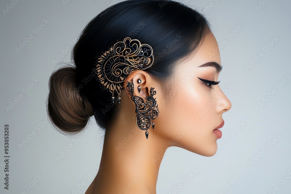 Poster Piercing with multiple ear cuffs and studs, depicted in an artwork where the ear is decorated with a variety of cuffs and studs, creating a layered and intricate design