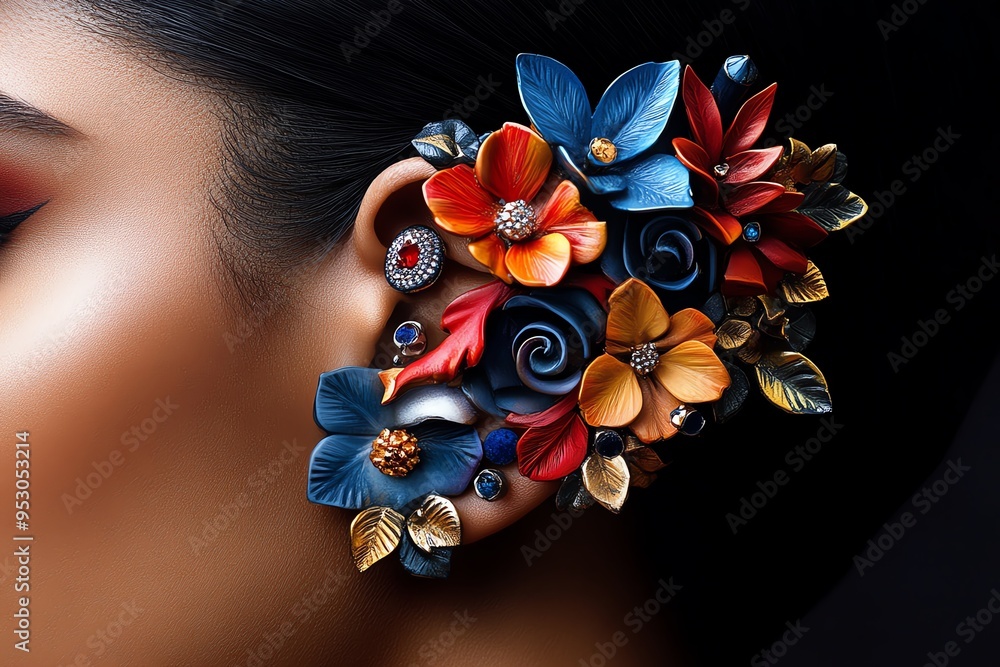 Poster Piercing with multiple ear cuffs and studs, depicted in an artwork where the ear is decorated with a variety of cuffs and studs, creating a layered and intricate design