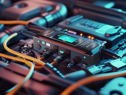 A 3D render of a diagnostic scanner connected to a cars OBD port