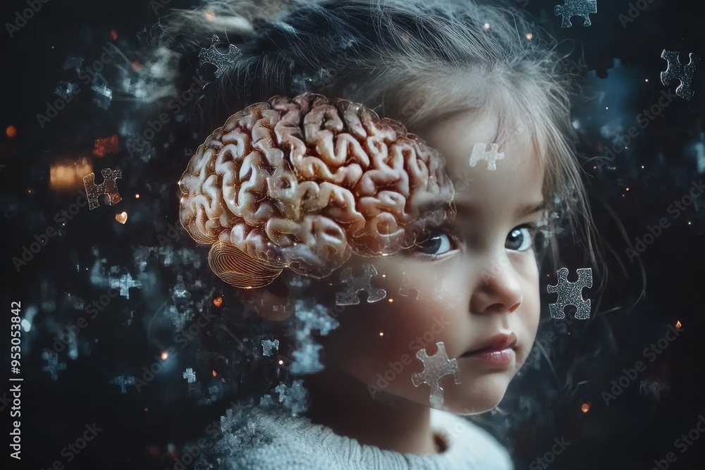 Poster child with puzzle brain representing cognitive development intellectual growth and the complexities 
