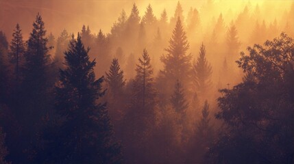 Naklejka premium Misty forest with sunlight piercing through dense foliage, creating a mystical woodland ambiance