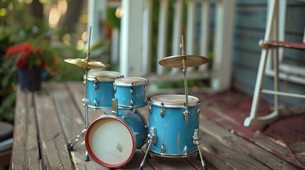 Blue Drum Set on a Wooden Porch..