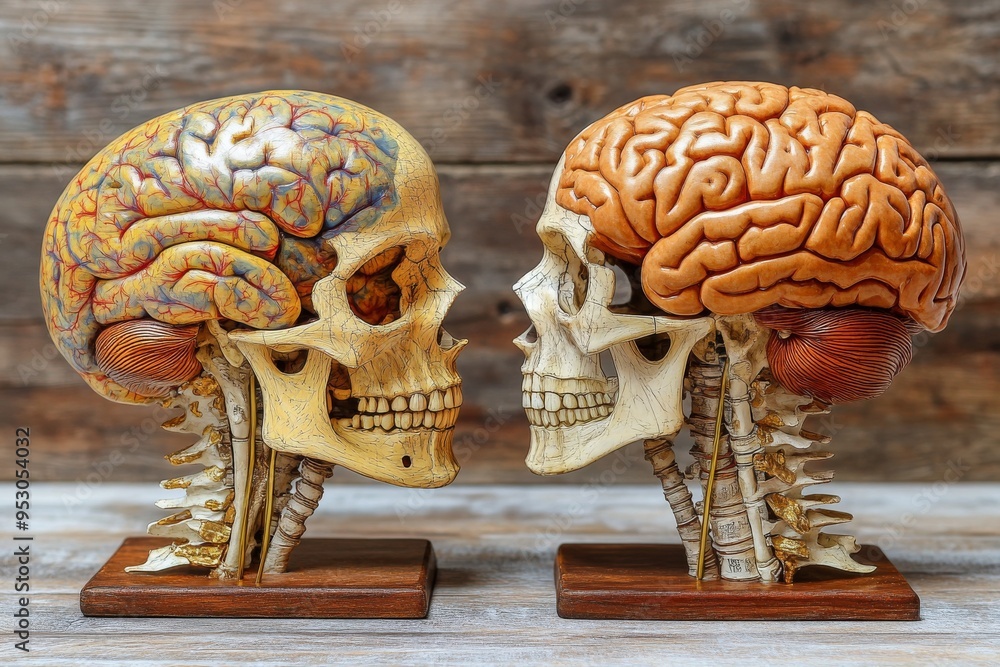 Aufkleber two skull brains on display representing cognitive mortality intellectual legacy and the persistence