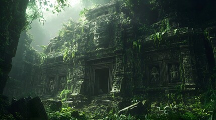 Jungle-enveloped ancient ruin with moss-covered stones and vines creeping over intricate carvings detailed 3D-rendered structures with natural textures