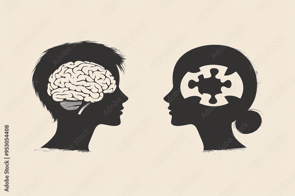 Poster silhouette of a head with brain puzzle piece representing cognitive awareness intellectual focus and