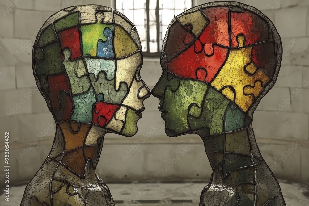 Poster colorful puzzle faces in profile symbolizing intellectual diversity cognitive unity and the vibrant 