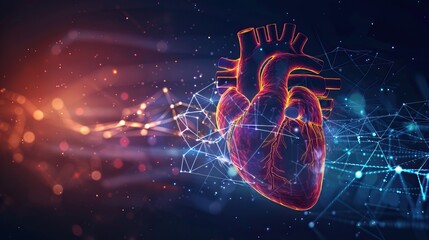 Fototapeta premium Glowing Human Heart with Network Connections in Abstract Space