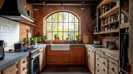 Rustic Kitchen with Arched Window and Exposed Brick
