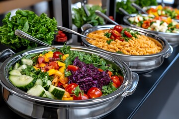 Salad Green Salad, Grain Salad, and Pasta Salad shown in a buffet setting where a variety of salads are offered, each catering to different preferences and tastes