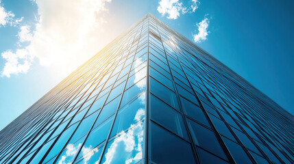 A tall building with blue glass windows reflects the sky,