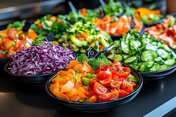 Salad Mediterranean, Asian, and Fusion shown in a culinary setting where salads from different cuisines are displayed, each with unique flavors and ingredients