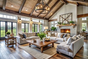 Modern farmhouse decor with calming neutral tones and rustic wood accents