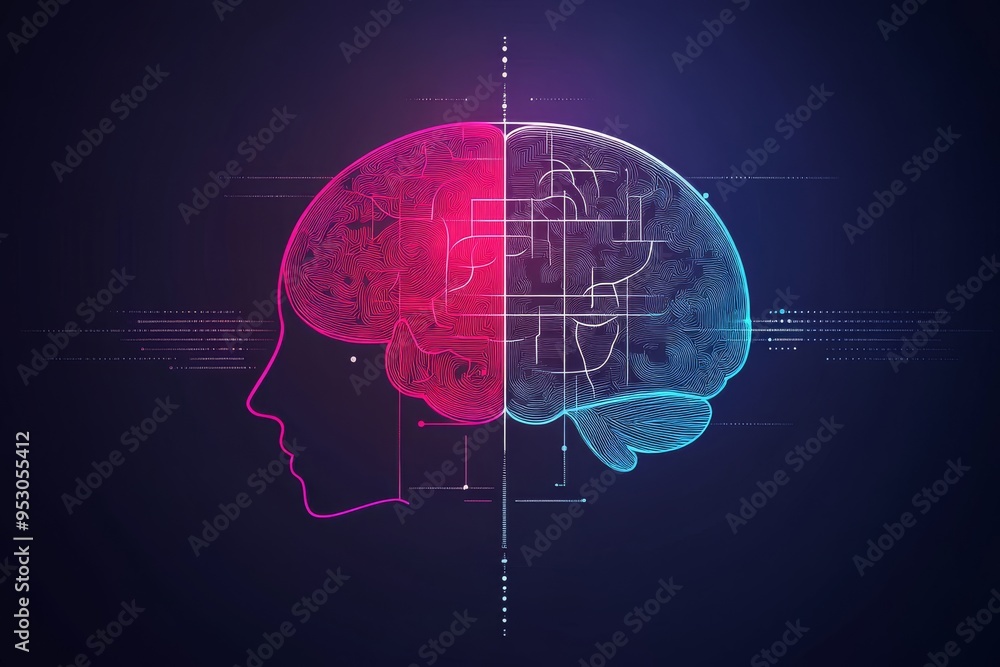 Poster neon line art of female profiles with brains representing cognitive connection intellectual interact