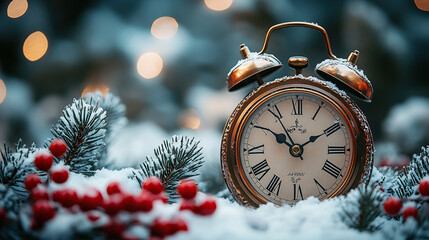 A vintage alarm clock surrounded by snow-covered pine branches and red berries