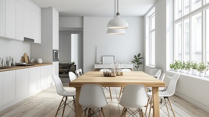 Minimalist White Kitchen with Dining Table and Wooden Floor
