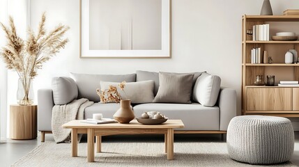 Minimalist Living Room Interior with Gray Sofa, Wooden Coffee Table, and Pampas Grass