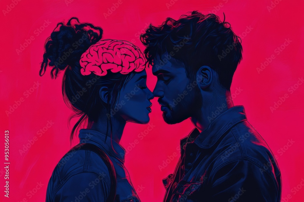 Wall mural couple with illuminated brain puzzle symbolizing cognitive connection intellectual romance and the i