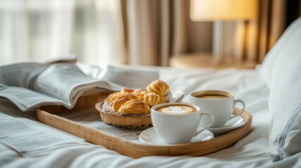 Room service breakfast setup with fresh coffee, pastries, and a newspaper on a bed tray.