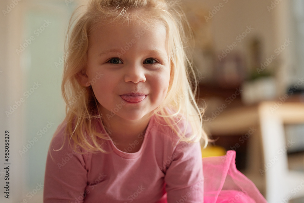 Canvas Prints Child, portrait and tongue out for silly, comedy and joke in a home with smile in the morning. Happy, funny and emoji gesture of a young girl ready for fun and play with sweet, cute and humor