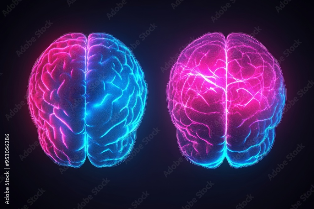 Poster dual neon brain illustrations representing cognitive symmetry intellectual duality and the vibrancy 