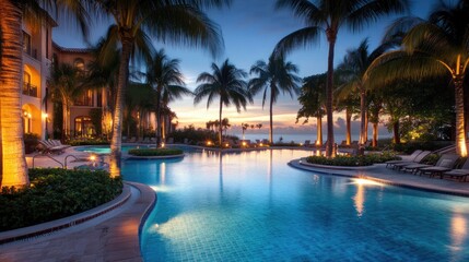 Scenic hotel pool at dusk with elegant lighting, palm trees, and a serene atmosphere.