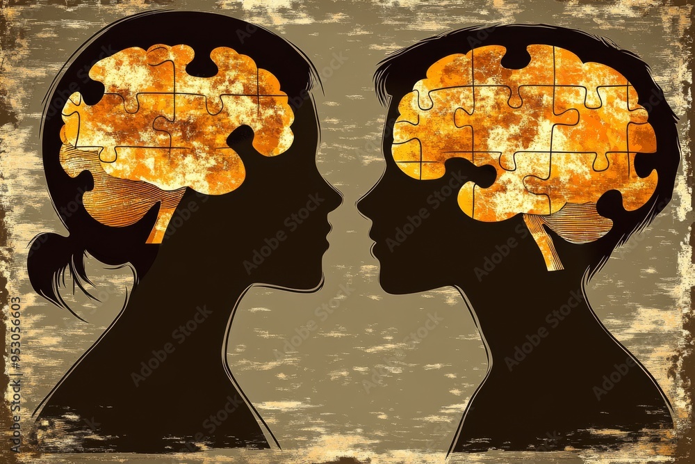 Poster silhouettes with puzzle brain symbolizing cognitive connectivity intellectual bonding and the comple