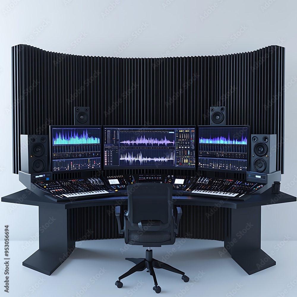 Poster futuristic 3d sound design studio with waveform displays