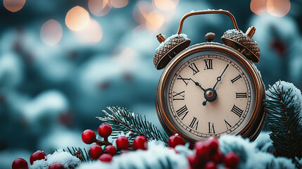 A vintage alarm clock surrounded by snow-covered pine branches and red berries