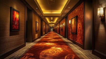 Stylish hotel corridor with modern lighting, artwork on the walls, and a plush carpet.