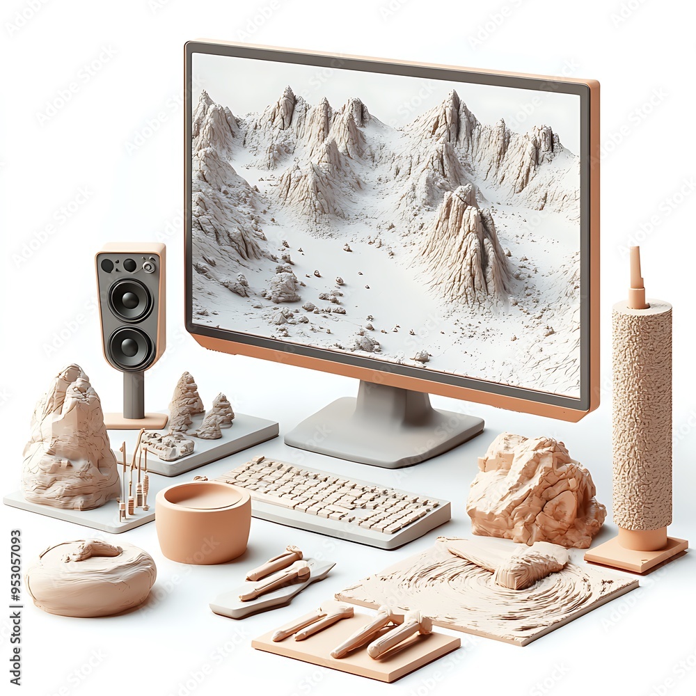 Poster digital sculpting studio with clay-like textures and tools
