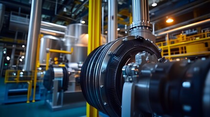 Fototapeta premium A factory with a lot of machinery and a large black and yellow pipe. The pipe is surrounded by other pipes and machinery