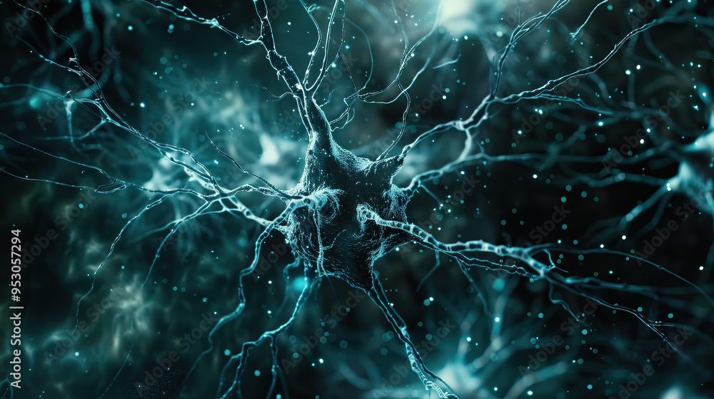 Poster abstract neural network visualization - glowing blue structure