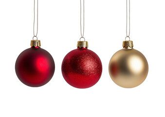 Set of Three Christmas Baubles in Red and Gold, Hanging on Strings, Isolated on Transparent Background, Perfect for Holiday Decorations, Digital Design, and Festive Projects
