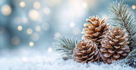 Frosted Pine Cones on Snowy Pine Branch with Sparkling Bokeh Lights, Ideal for Winter Holiday Decorations, Christmas Cards, and Seasonal Displays
