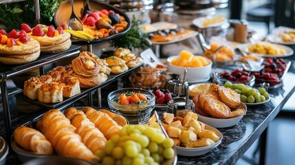 Top view of a hotel breakfast buffet with fresh pastries, fruits, and a variety of hot and cold dishes.